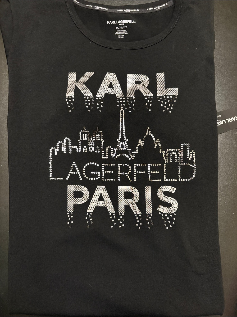 Karl Lagerfeld Black Tee with Silver Rhinestone 'Karl Lagerfeld Paris' Skyline